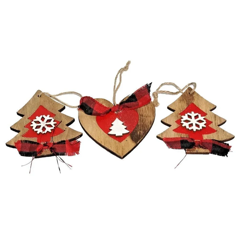Wooden Christmas Tree Ornaments Set of 3 Trees Heart Buffalo Plaid